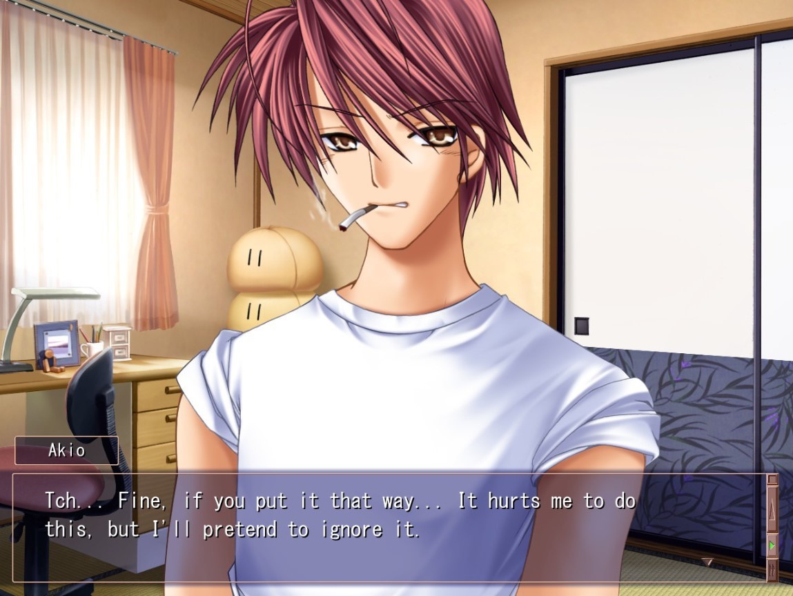 Akio: Tch... Fine, if you put it that way... It hurts me to do this, but I'll pretend to ignore it.