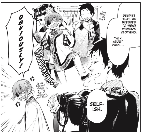 Ran-Mao and Lau try to dress Ciel in a short cheongasm. 