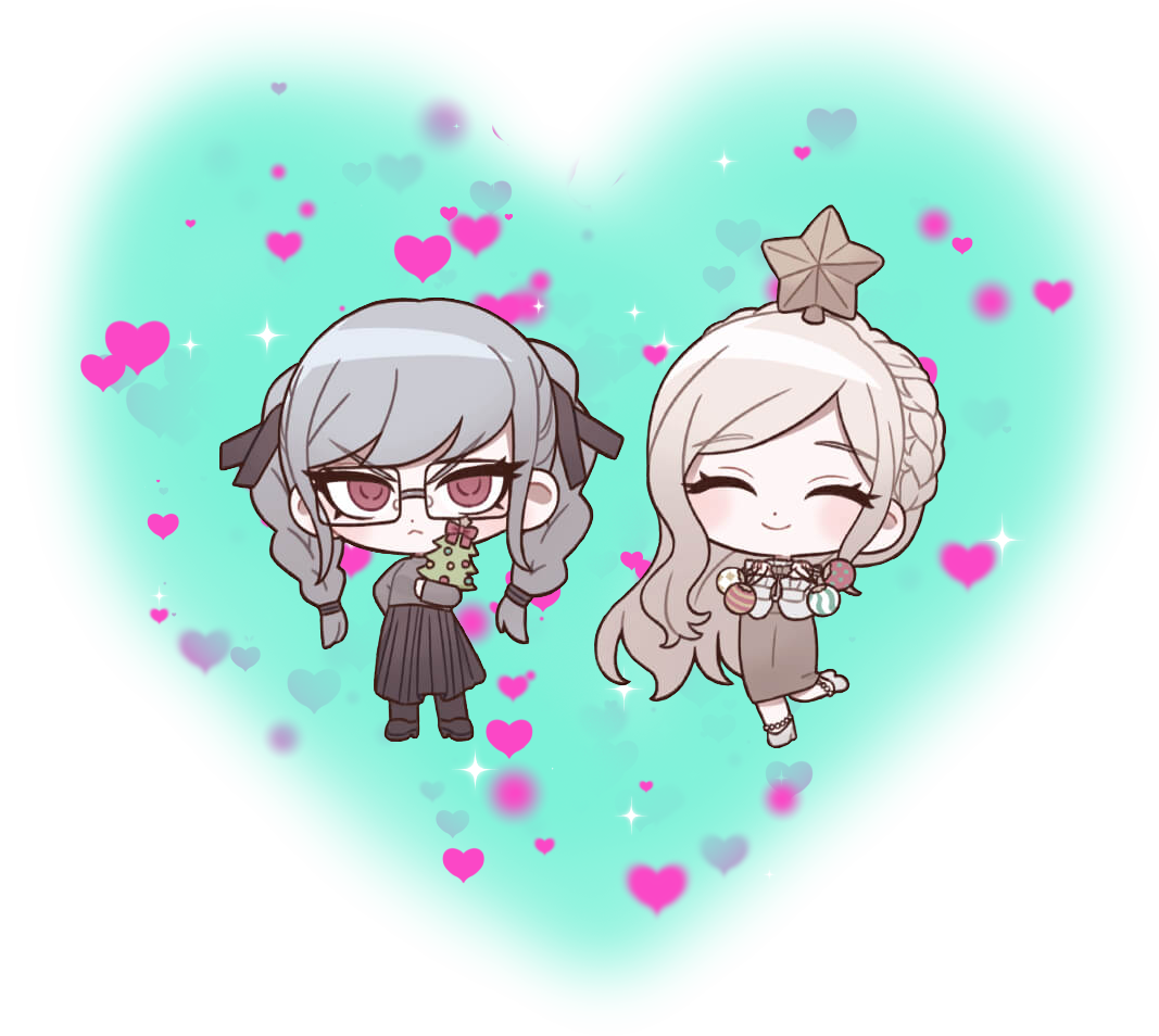 Heart shape containing Pekoyama Peko holding a Christmas tree and Sonia Nevermind dressed as a Christmas tree